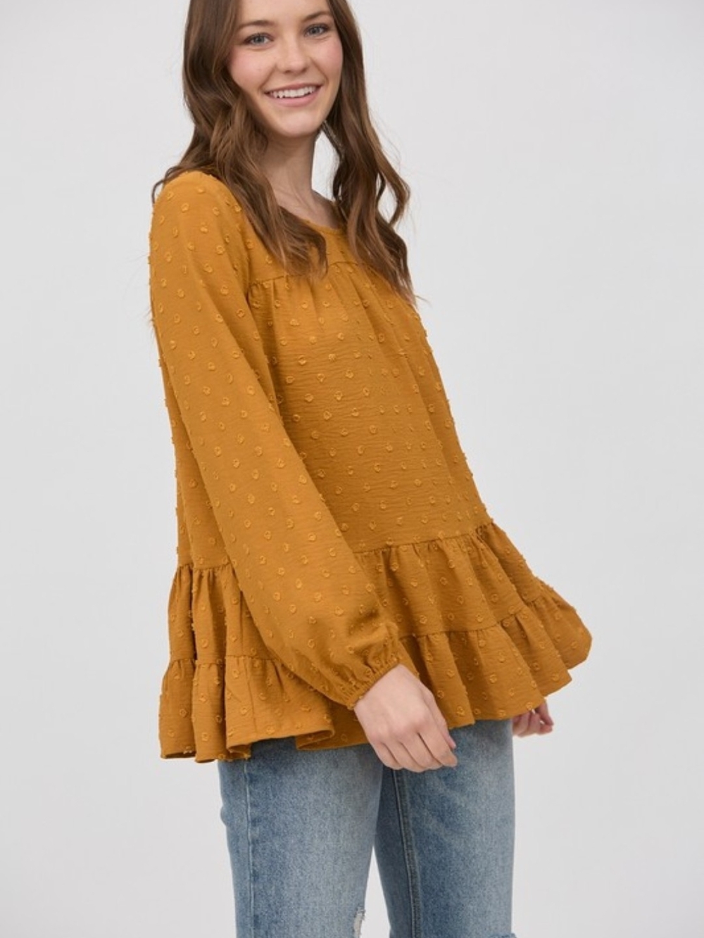 Tea N Rose Dark Mustard Textured Swiss Dot Tiered Long-Sleeve Top - Picture 2 of 5